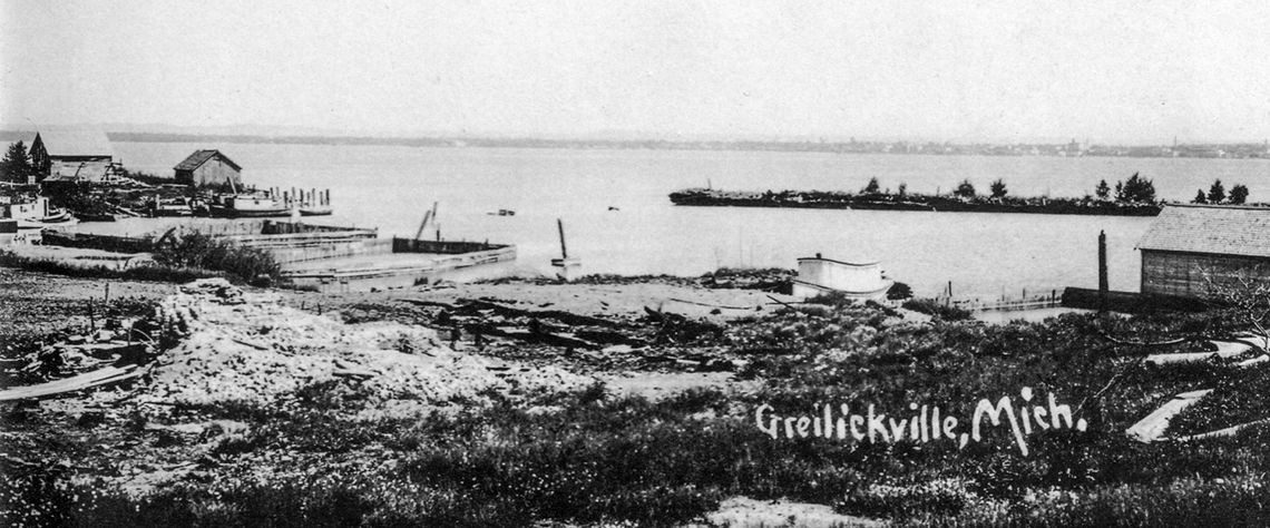 Greilick Point sits to the left, with “dry dock” along the shore. Photo courtesy of Leelanau Historical Society
