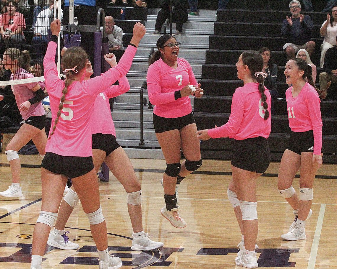 Suttons Bay defeated Leland for the first time in four years Tuesday. The Norse celebrate after scoring a clutch point late in the game to win the match 3-1. Enterprise photo by Brian Freiberger