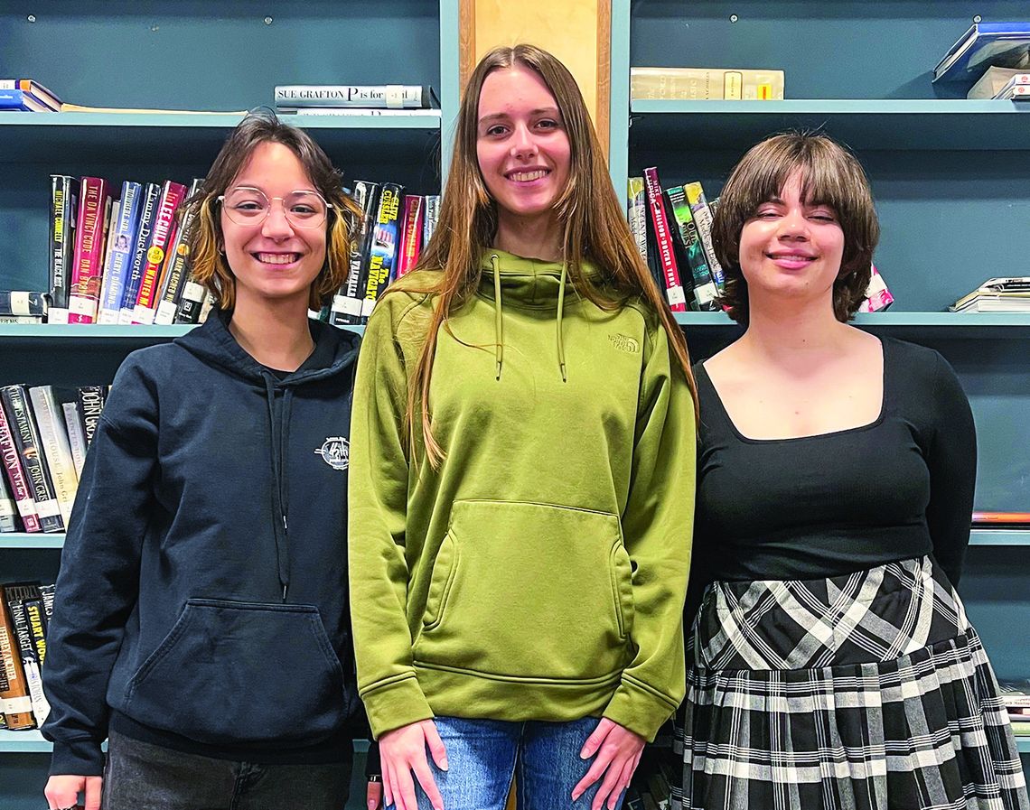 Suttons Bay High School students (from left to right) Reegan Craker, Isabel Schmidt, and Minnie Bardenhagen are pictured at school on Monday. Schmidt and Bardenhagen are finalists in this year’s Young Playwright Festival at the City Opera House, and Craker is a semi-finalist. The three stu...