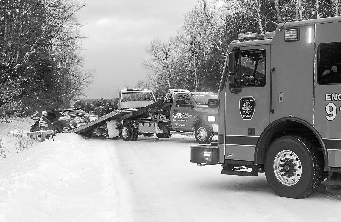 Slick, snow-covered roads were blamed Tuesday afternoon for a two-car accident on M-22 Slick, snow-covered roads were blamed Tuesday afternoon for a two-car accident on M-22 just north of Peshawbestown that did not result in serious injury. As the cars were being pulled from ditches by Bingham Body Shop tow trucks a Suttons Bay-Bingham Fire and Rescue truck also became stuck...