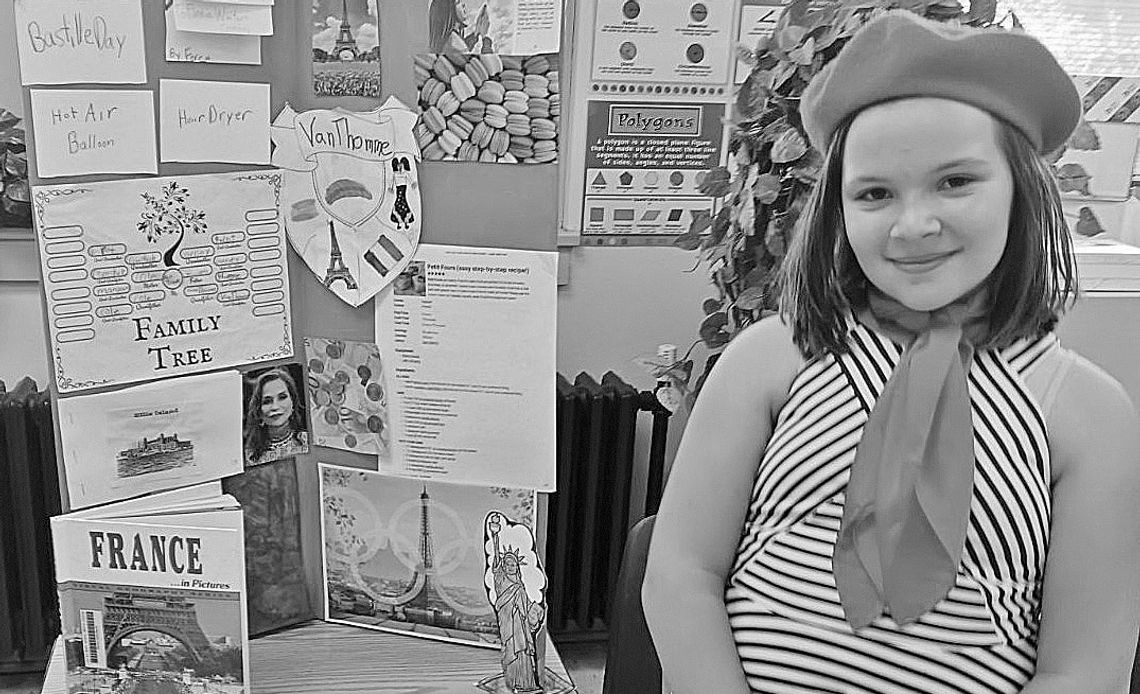 St. Mary fourth grader Aubrey VanThomme researched her family history and culture as part of the school’s annual Ancestry Day last week. She chose France in honor of her family history, researching it and reporting her findings through interactive displays. Students create a family tree, l...