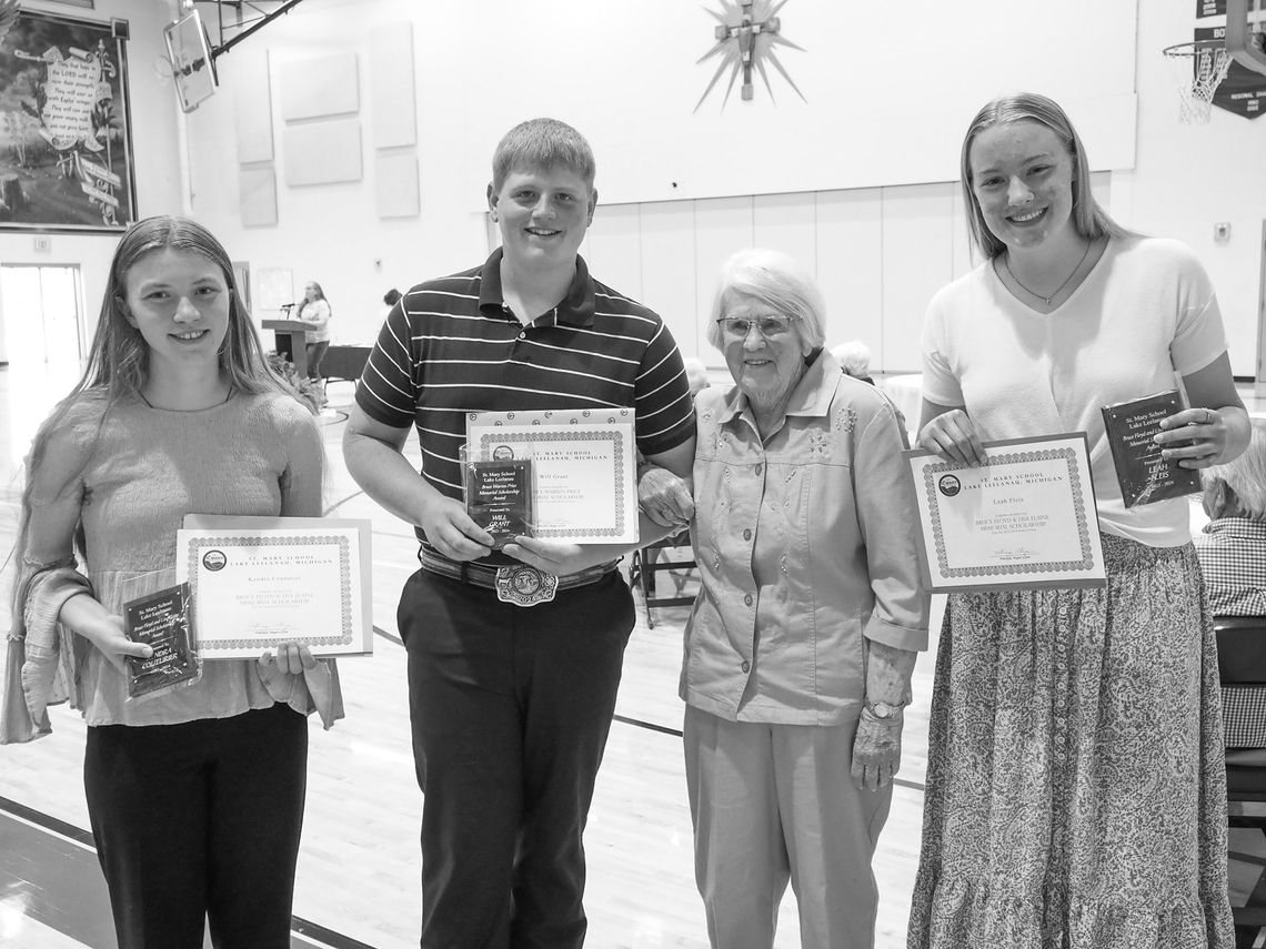 Kendra Couturier and Leah Fleis were awarded the Bruce Floyd &amp; Lisa Elaine Price Memorial Scholarship by Betsey Price while Will Grant was awarded the Bruce Warren Price Memorial Scholarship by Betsey Price. Pictured from left are Couturier, Grant, Price and Leah Fleis. Courtesy photo