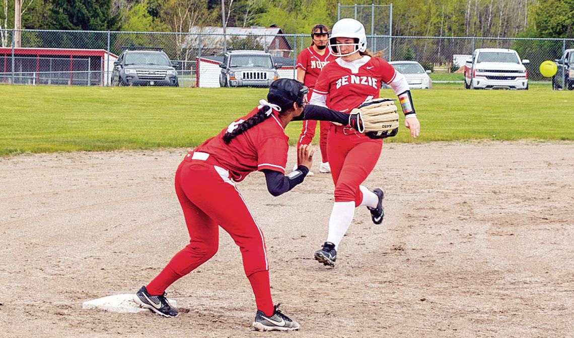 Suttons Bay third baseman Keke Williams secure the out at third for the Norse in a game against Benzie on Tuesday. Photo courtesy of Trudy Galla