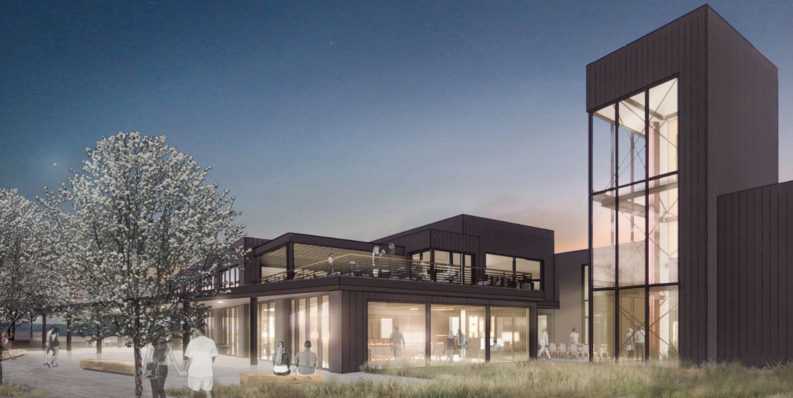 This computer rendering shows what the visitors center for the Traverse City Whiskey Company distillery in Elmwood Township may look like when it’s completed. Courtesy photo.