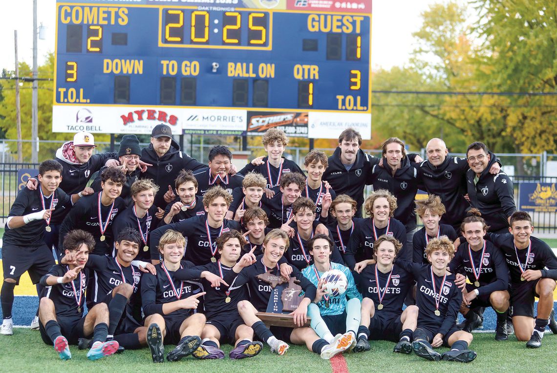 The Leland soccer team celebrates after winning