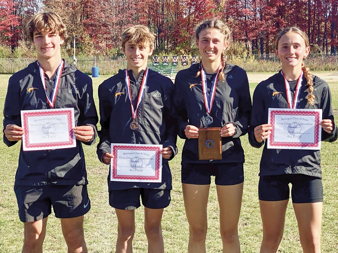 Courtesy photo The Leland Cross Country team finished the regular season strong at the Shepherd Div. 4 State championship. From left to right: Carter Suttman, Christopher Knudsen, Ella Knudsen and Sophie Grinage.