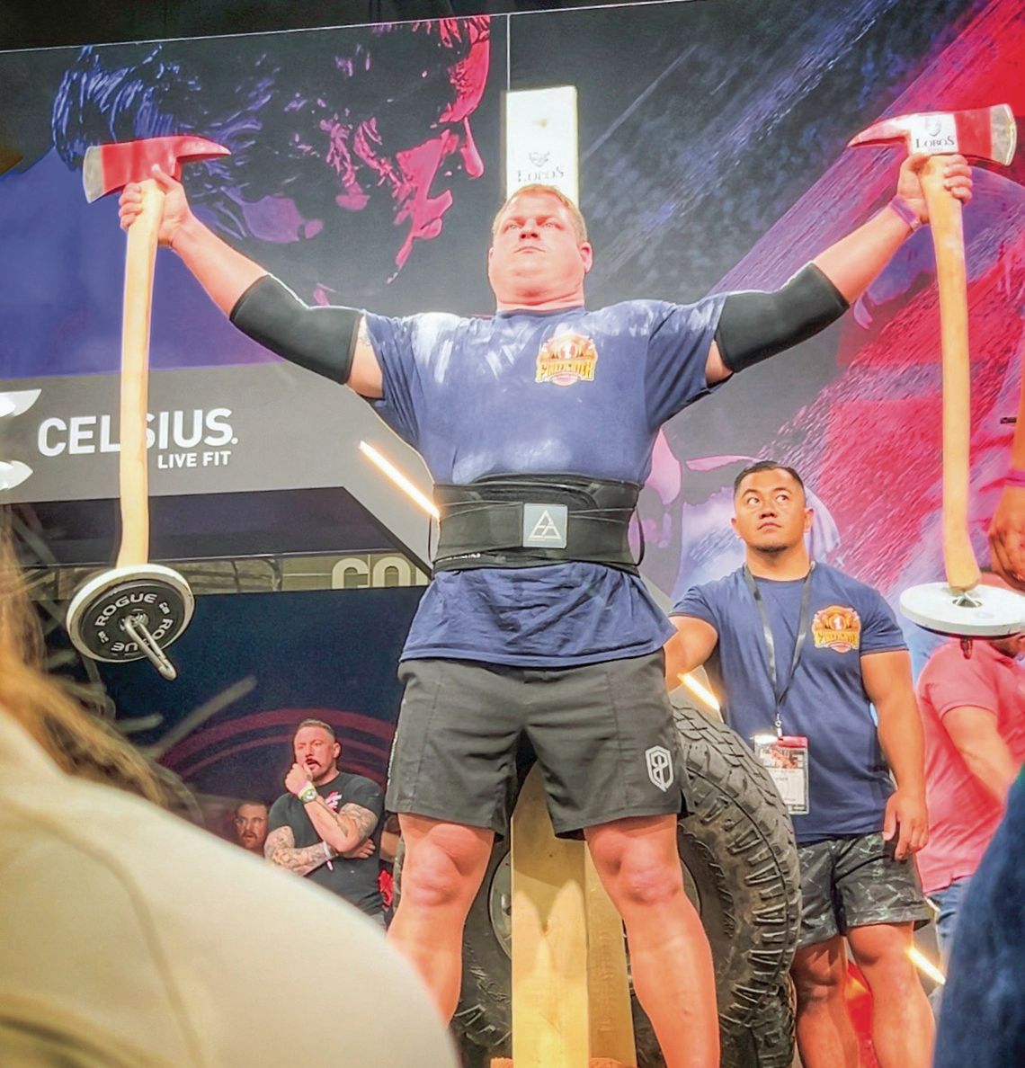 Cedar Area Fire & Rescue Lieutenant Joseph Voiles competes in the ax hold event of the World Strongest Firefighter competition in Columbus, Ohio on Friday and Saturday.