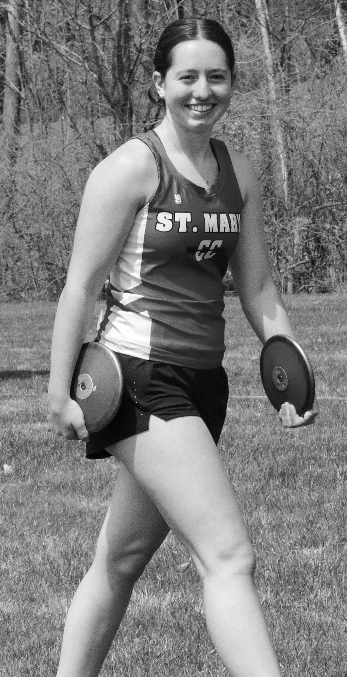 St. Mary senior Jessica Grant was all smiles at the Onekama Invitational on Friday, April 26 when she finished sixth in discus with a throw of 83’ 4.