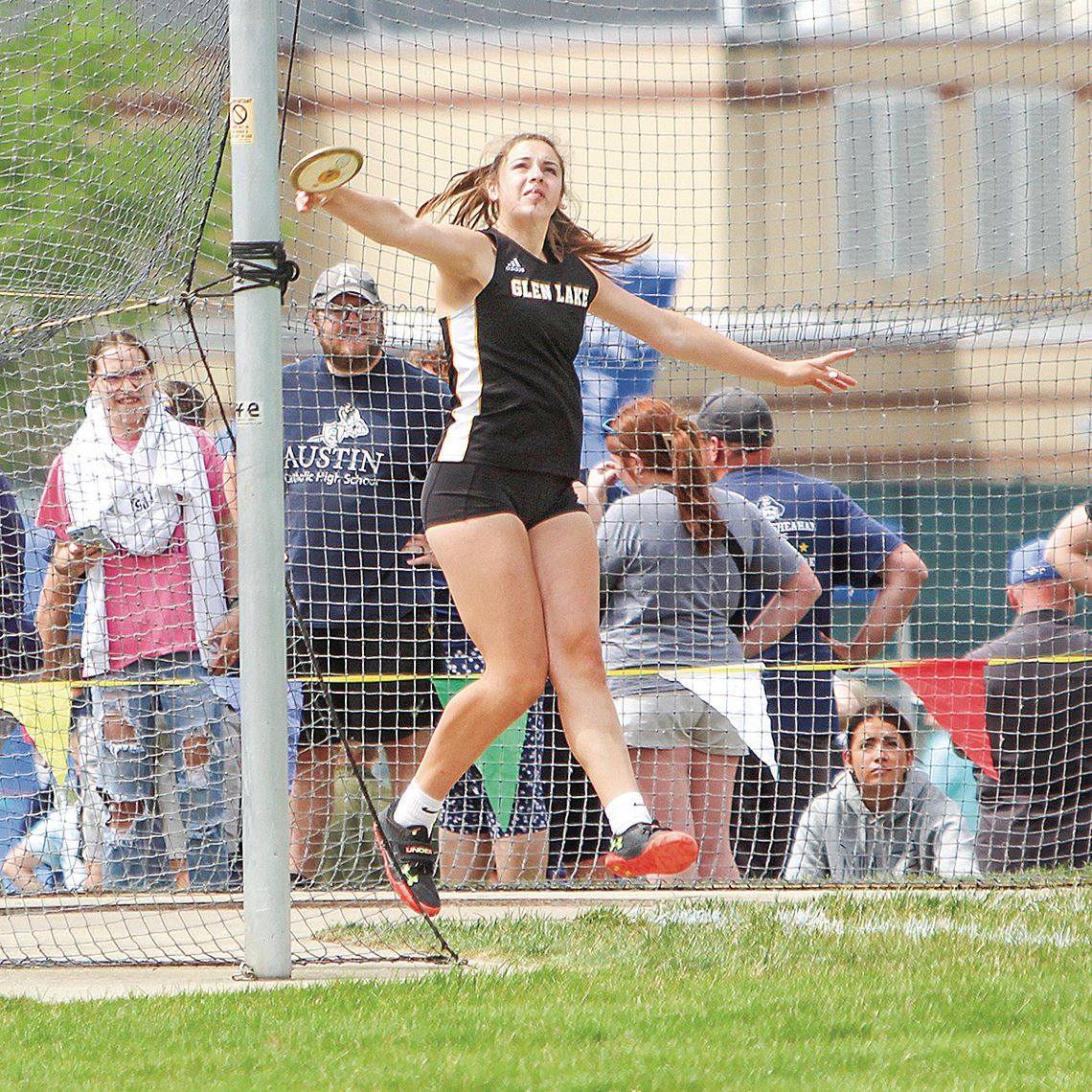 Glen Lake senior Eleanor Valkner launches a fourth place throw of 113 feet 7 inches at the state championships on Saturday. Photo courtesy of Nicole Bixby