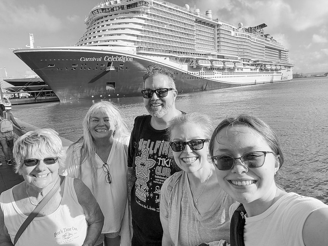 Five Omena residents enjoyed a sunny Caribbean cruise in January that they won at the DJ Trivia District Championship last spring. Pictured, from left to right, are Joanne Brown, Nancy Groesser, Dan Duffiney, Chrysti Duffiney, and Emaleigh Duffiney. Photo by Chrysti Duffiney
