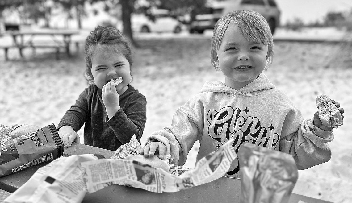 Two cousins and their mothers enjoyed a late September lunch at the playground on South Bar Lake